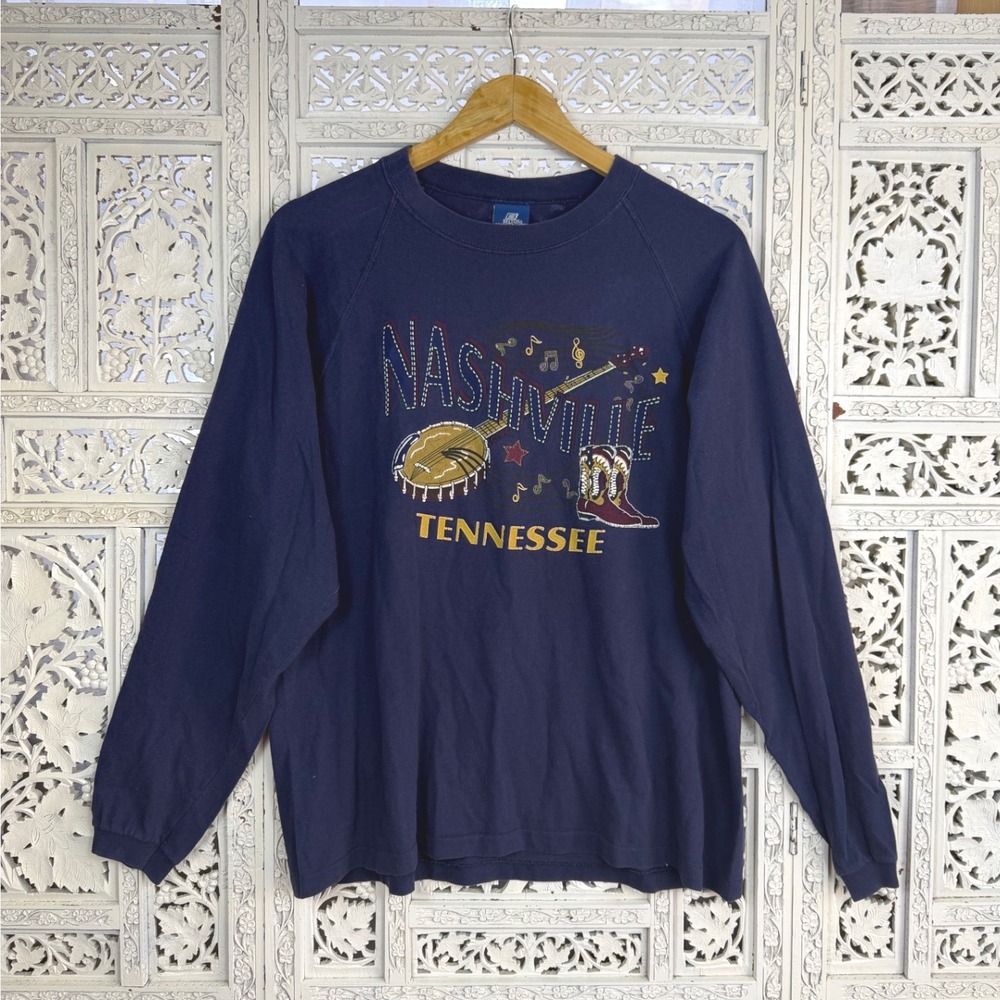 Vtg Nashville Long‎ Sleeve Graphic T Shirt Sz L Rockabilly Rock N Roll Retro